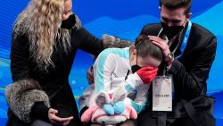 Kamila Valieva, of the Russian Olympic Committee, reacts after competing in the women's free skate program during the figure skating competition at the 2022 Winter Olympics, Thursday, Feb. 17, 2022, in Beijing. (AP Photo/David J. Phillip)