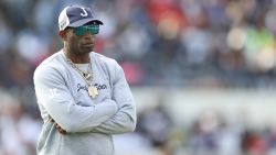 Head coach Deion Sanders of the Jackson State Tigers looks on before the game against the Southern University Jaguars in the SWAC Championship at Mississippi Veterans Memorial Stadium on December 03, 2022 in Jackson, Mississippi.