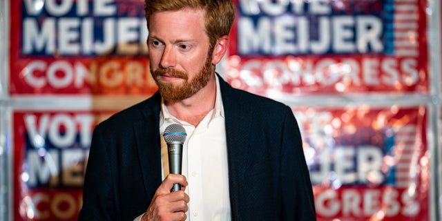 Rep. Peter Meijer, R-Michigan, makes a statement to members of the press while awaiting election results at an election night event at Social House on Tuesday, Aug. 2, 2022, in Grand Rapids, Michigan.