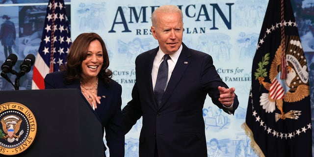 Before an audience of nine families that are benefiting from the new Child Tax Credit, U.S. President Joe Biden and Vice President Kamala Harris deliver remarks on the day tens of millions of parents will get their first monthly payments in the South Court Auditorium in the Eisenhower Executive Office Building on July 15, 2021, in Washington, D.C.
