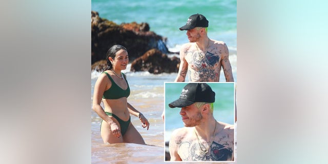 Upon closer examination of Pete Davidson's neckline, the "My Girl Is A Lawyer" tattoo is no longer noticeable. 