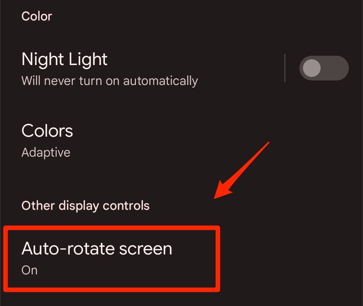 A screenshot of the Pixel's auto-rotate setting