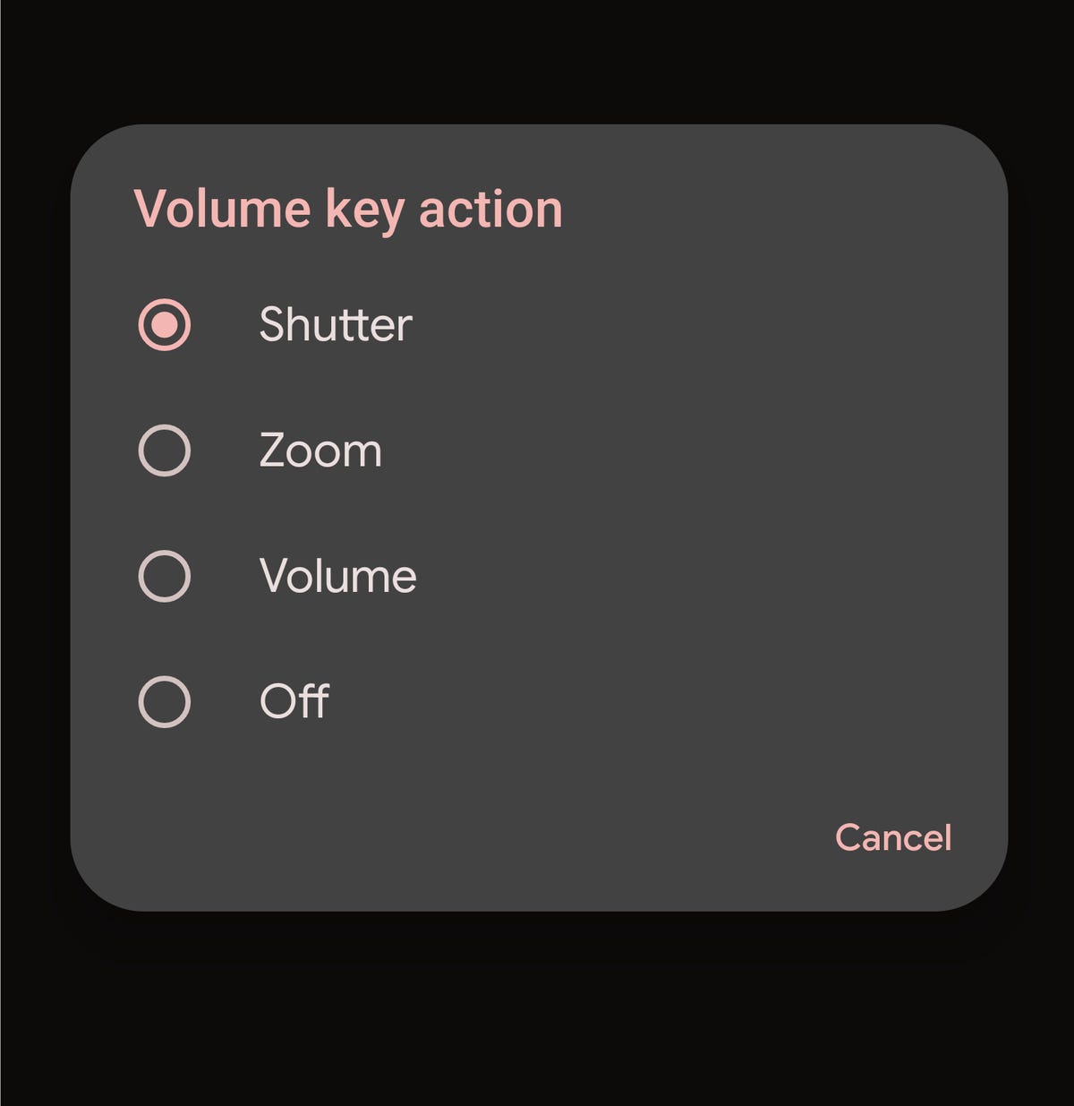 A screenshot showing the volume key action options on the Pixel