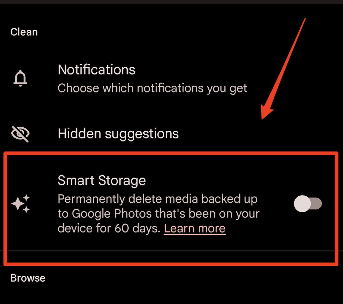 Screenshot of Google Pixel's Smart Storage option