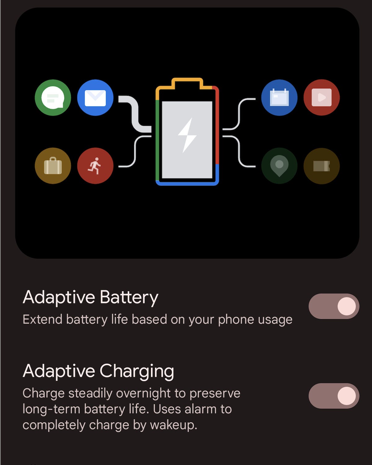 A screenshot showing the Pixel's adaptive battery and charging settings