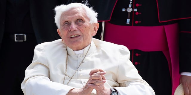Emeritus Pope Benedict XVI arrives for his departure at Munich Airport in Freising, Germany,  after a four-day visit with his ailing elder brother.
