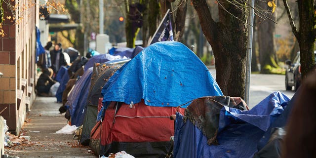 Tents line the sidewalk on SW Clay St in Portland, Ore., on Dec. 9, 2020. City council members in Portland, Oregon, voted on a resolution that would ban homeless street camping.