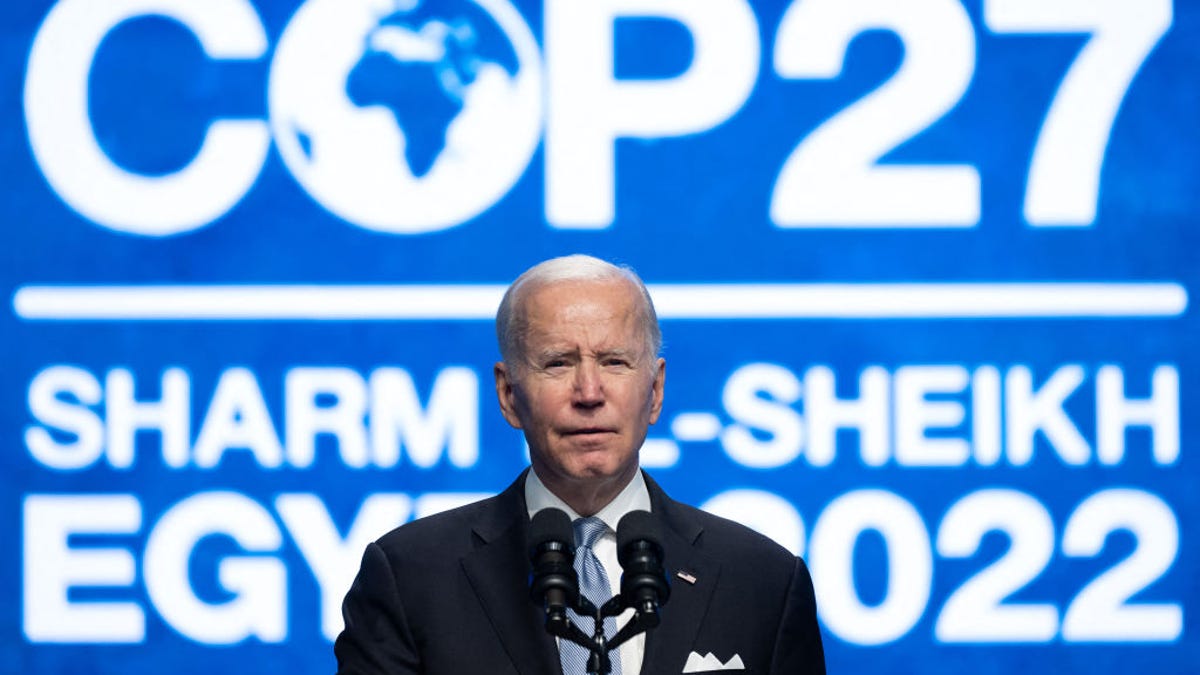 President Biden at a COP 27 podium in Egypt.