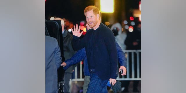Prince Harry, Duke of Sussex is seen leaving "The Late Show With Stephen Colbert" on Jan. 9, 2023 in New York City.
