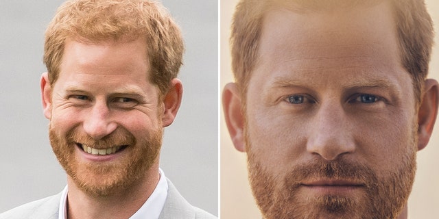 Prince Harry smiling in the distance next to the cover of his memoir "Spare."