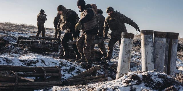 Ukrainian soldiers work with "pion" artillery in the northern direction of the Donbass frontline as Russia-Ukraine war continues in Donetsk, Ukraine on Jan. 7, 2023. 