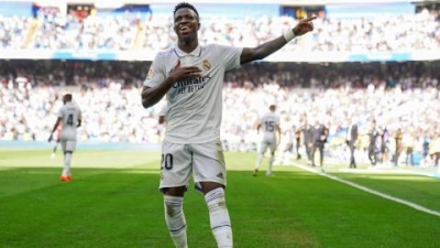 Vinicius celebrates after scoring Real Madrid's second goal against Mallorca.