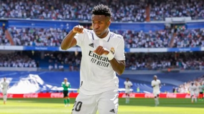 Vinicius Jr celebrates his goal against Real Betis for Real Madrid on September 3, 2022.