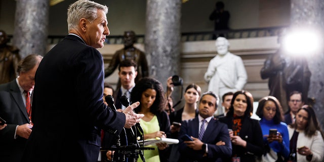House Speaker Kevin McCarthy speaks at a news conference in Statuary Hall of the U.S. Capitol Building on Jan. 12, 2023, in Washington, D.C. 