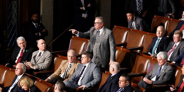 GOP Rep.-elect Rep. Mike Bost of Illinois yells out as Rep.-elect Matt Gaetz, R-Fla., delivers remarks in the House Chamber during the fourth day of elections for Speaker of the House at the U.S. Capitol Building on January 06, 2023 in Washington, DC.