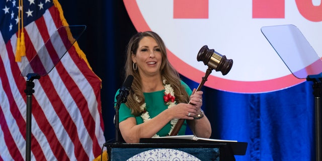 Re-elected Republican National Committee Chair Ronna McDaniel holds a gavel while speaking at the committee's winter meeting in Dana Point, Calif., Friday, Jan. 27, 2023. 