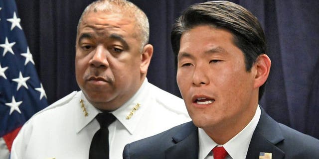 U.S. Attorney Robert K. Hur, right, with Baltimore Police Commissioner Michael Harrison, discusses Operation Relentless Pursuit, an effort to combat violent crime in seven of America's most violent cities, on Dec. 18, 2019 in Baltimore, Maryland.