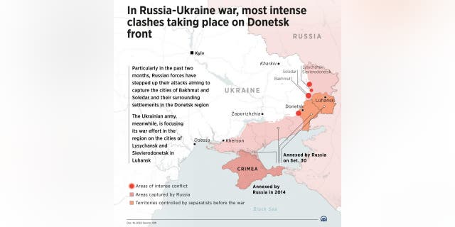 An infographic titled "In Russia-Ukraine war, most intense clashes taking place on Donetsk front" in Ankara, Turkey, on Dec. 16, 2022.