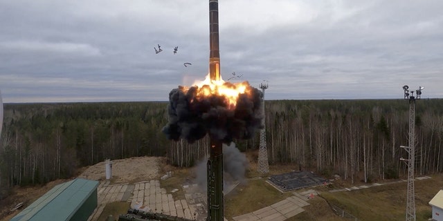 A still image from video, released by the Russian Defence Ministry, shows what it said to be Russia's Yars intercontinental ballistic missile launched during exercises held by the country's strategic nuclear forces at the Plesetsk Cosmodrome, Russia, in this image taken from handout footage released Oct. 26, 2022.