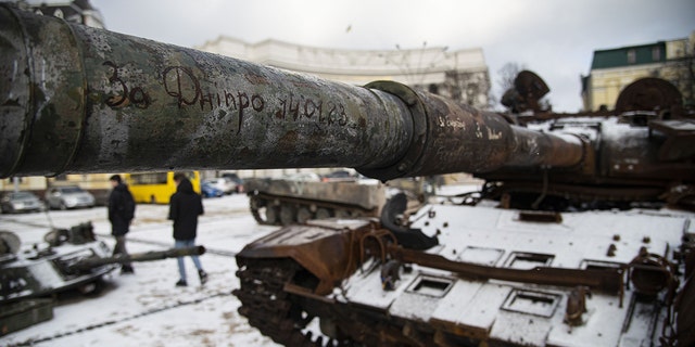 A destroyed Russian tank is seen on display as the war between Russia and Ukraine approaches its first anniversary in Kyiv, Ukraine on January 26, 2023. 