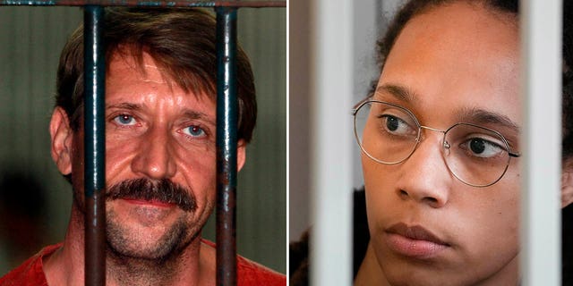 This combo of images shows Viktor Bout, left, a suspected Russian arms dealer at the criminal court in Bangkok, on Aug. 20, 2010 and WNBA star and two-time Olympic gold medalist Brittney Griner, right, in a courtroom prior to a hearing, in Khimki, outside of Moscow, Russia, on July 27, 2022.