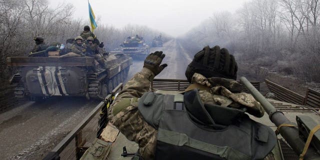 A convoy of Ukrainian forces drives to Debaltseve, Donetsk region.