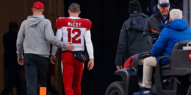 Colt McCoy #12 of the Arizona Cardinals leaves the field during the third quarter in the game against the Denver Broncos at Empower Field At Mile High on December 18, 2022 in Denver, Colorado. 