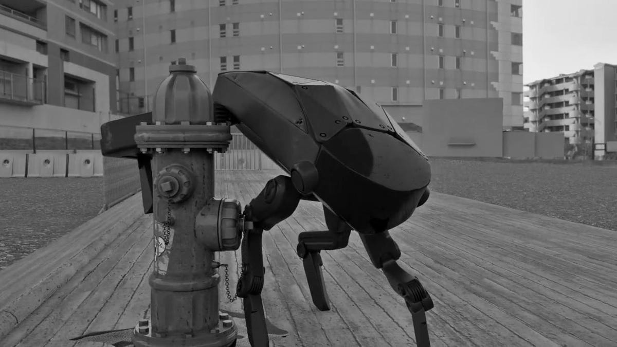 A robotic watchdog from Black Mirror traverses a black and white dystopian cityscape.