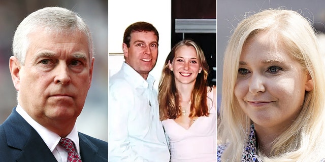 Prince Andrew, Duke of York, left, also seen in a photo from 2001 that was included in court files showing him with his arm around the waist of 17-year-old Virginia Giuffre, who says Jeffrey Epstein paid her to have sex with the prince. Andrew has denied the charges. Virginia Roberts Giuffre, right, speaks at a news conference following a hearing where Epstein's alleged victims made statements in Manhattan Federal Court on Aug. 27, 2019, in New York. 