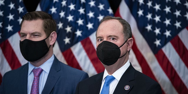 Representative Eric Swalwell, a Democrat from California, left, and Representative Adam Schiff, a Democrat from California, at the U.S. Capitol in Washington, D.C., U.S., on Wednesday, Feb. 23, 2022. 