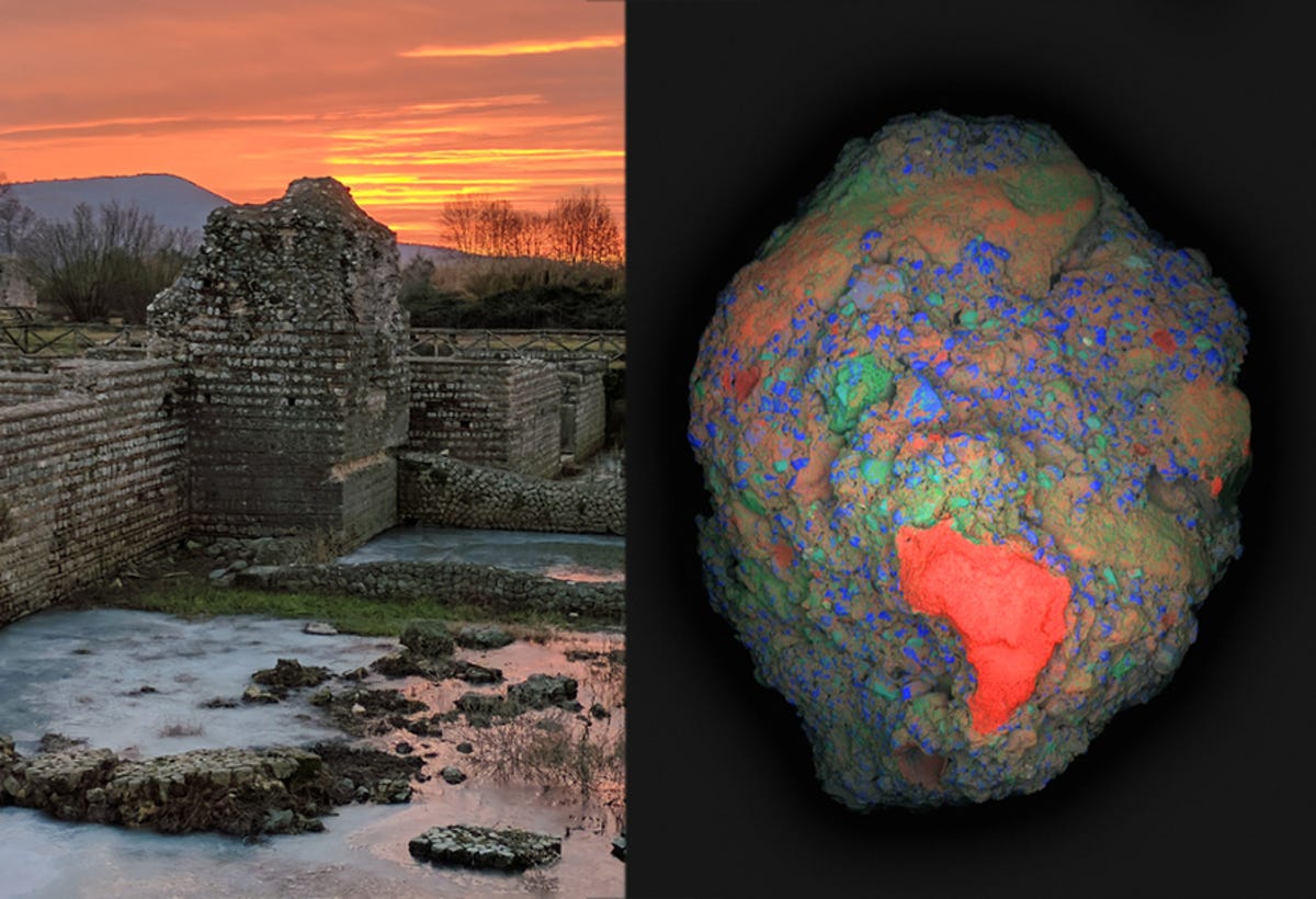 A side-by-side view. On the left is the ancient Italian archeological site from which the team collected their concrete samples. On the right is a close-up of an analyzed sample with a medium-sized, red blob that represents a lime clast.