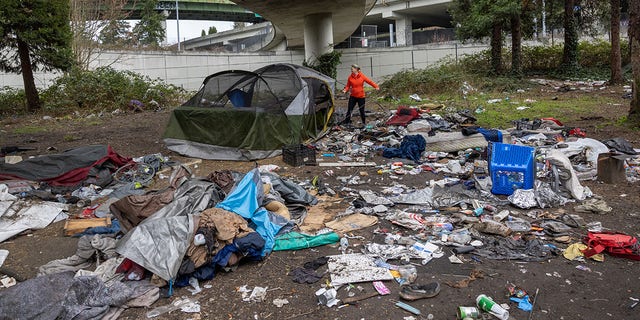 Andrea Suarez dismantles a tent as garbage lies piled at a homeless encampment on March 13, 2022 in Seattle. The accumulation of garbage at such sites has become a major issue in Seattle, as the city tries to move the unhoused out of shared public spaces. Suarez is the executive director of We Heart Seattle, a non-profit that stages trash cleanups across the city. According to a recent report commissioned by Seattle Councilmember Andrew Lewis, the COVID-19 pandemic put undue pressure on the city's shelter system and delayed funds for new housing, leading to an increase in homelessness. 