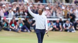 Tiger Woods acknowledges the crowd on the 18th hole during day two of The 150th Open at St Andrews.