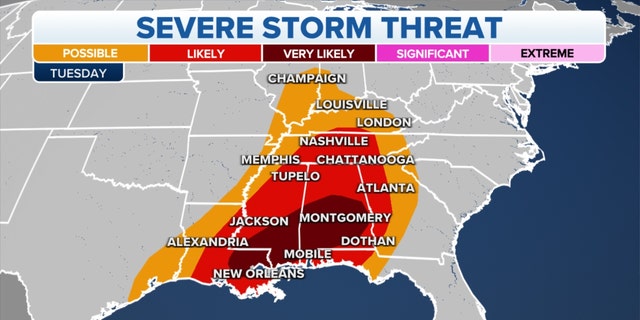 Severe storm threats over the Gulf Coast, Ohio and Tennessee Valleys