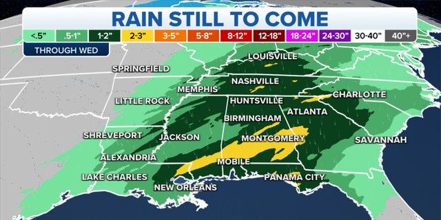 Rain forecast over the Gulf Coast, Ohio and Tennessee Valleys