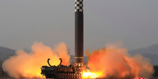 A test-fire of a Hwasong-17 intercontinental ballistic missile at an undisclosed location in North Korea on March 24, 2022. 