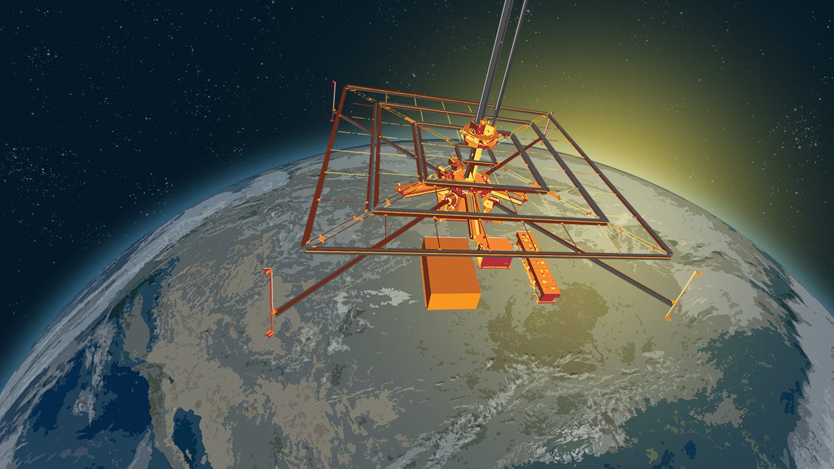 Caltech's Space Solar Power Demonstrator floats in orbit above the Earth which glows slightly yellow