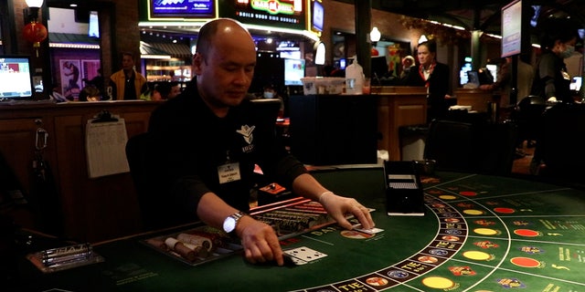 An employee deals cards at Maverick Gaming's Great American Casino in Tukwila, Washington. Card rooms in the state are permitted to have up to 15 tables where customers can play games such as poker and blackjack.