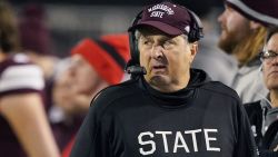 Mississippi State head coach Mike Leach looks across the field at his team during the second half of an NCAA college football game against Georgia in Starkville, Miss., Saturday, Nov. 12, 2022. Georgia won 45-19. (AP Photo/Rogelio V. Solis)