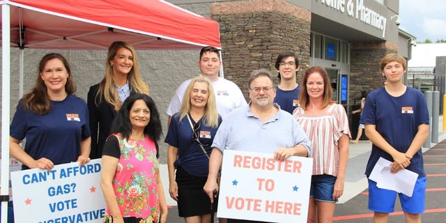 Former Republican Sen. Kelly Loeffler and Greater Georgia host a voter registration drive in July 2022.