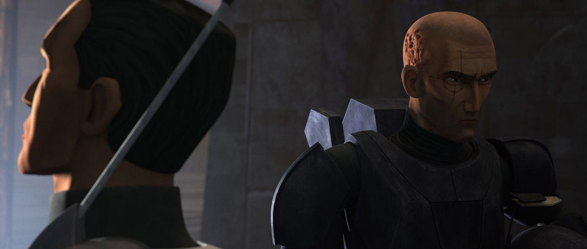 Cody gazes off-camera while Crosshair looks thoughtful in Star Wars: The Bad Batch season 2