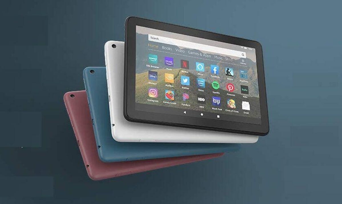 Four Amazon Fire HD 8 tablets in different colors