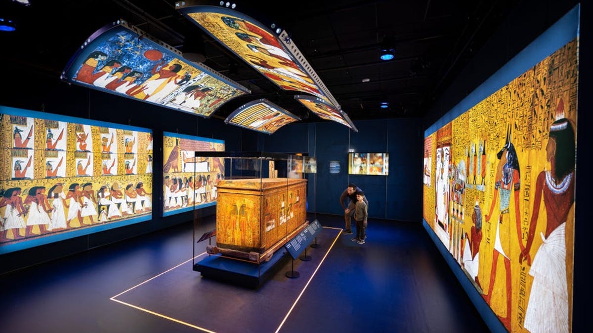 Giant displays lining the walls magnify vibrantly colored details on the sides of an ancient Egyptian coffin