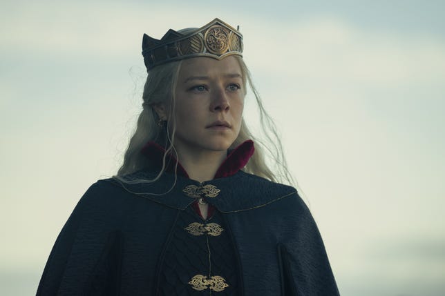 Queen Rhaenyra outside looking into the distance