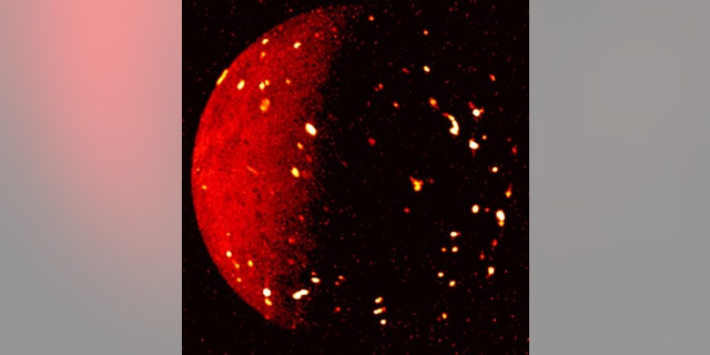 The volcano-laced surface of Jupiter’s moon Io was captured in infrared by the Juno spacecraft’s Jovian Infrared Auroral Mapper (JIRAM) imager as it flew by at a distance of was about 50,000 miles (80,000 kilometers) on July 5, 2022. Brighter spots indicate higher temperatures in this image. 