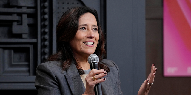 Sundance Institute CEO Joana Vicente addresses reporters at Sundance Scoop, a news conference to kick off the 2023 Sundance Film Festival.