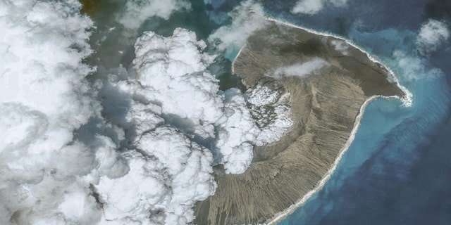 Maxar satellite imagery shows the Hunga Tonga-Hunga Ha’apai volcano on Dec. 24, 2021, before the eruption on Jan. 14, 2022, in the Hunga Tonga-Hunga Ha'apai Islands, Tonga.