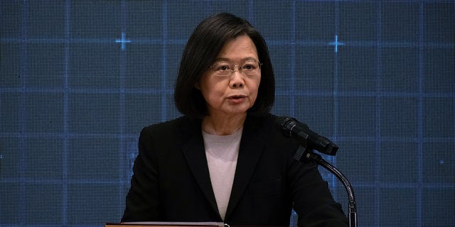 Taiwanese President Tsai Ing-wen speaks at a news conference at the Presidential Palace in Taipei, Taiwan, on Tuesday, Dec. 27, 2022. 