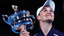 Ashleigh Barty of Australia poses with the Daphne Akhurst Memorial Cup after winning her Women's Singles Final match against Danielle Collins of United States during day thirteen of the 2022 Australian Open at Melbourne Park on January 29, 2022 in Melbourne, Australia.