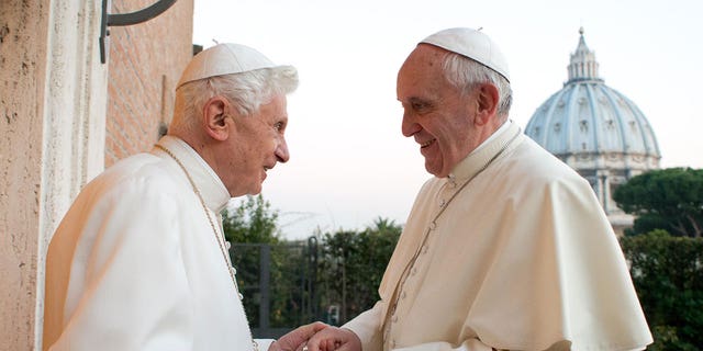 DECEMBER 23: Pope Francis met former Pope Benedict XVI to exchange Christmas greetings, in the Mater Ecclesiae monastery, Benedict XVI's new residence on December 23, 2013, in Vatican City. 